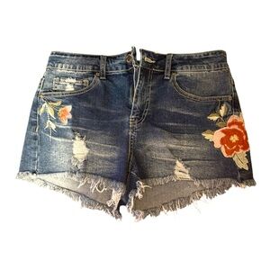 Floral YMI Embroidered Denim Shorts-HighRise